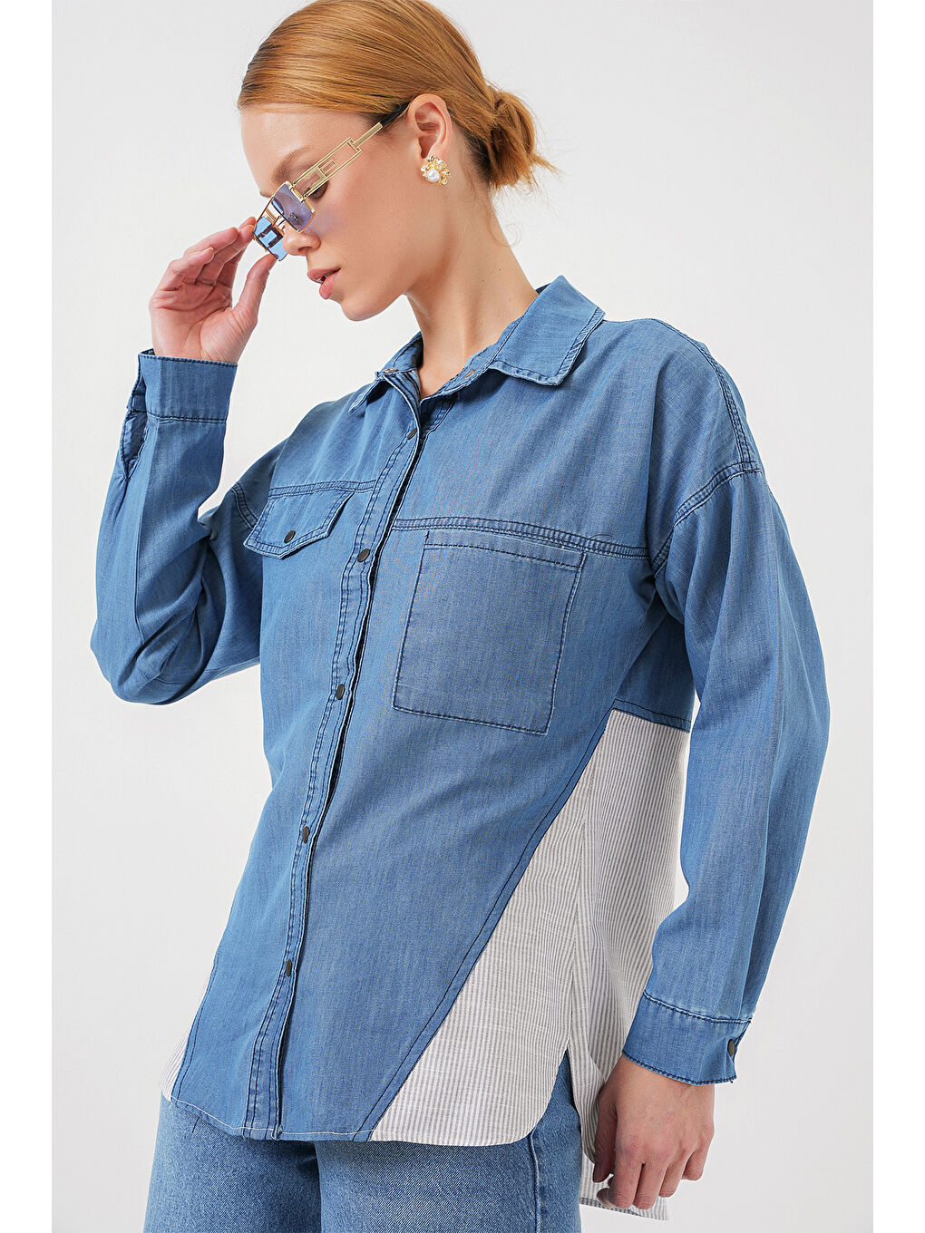 Kadın Sırt Detaylı Jean Gömlek 20305   Mavi