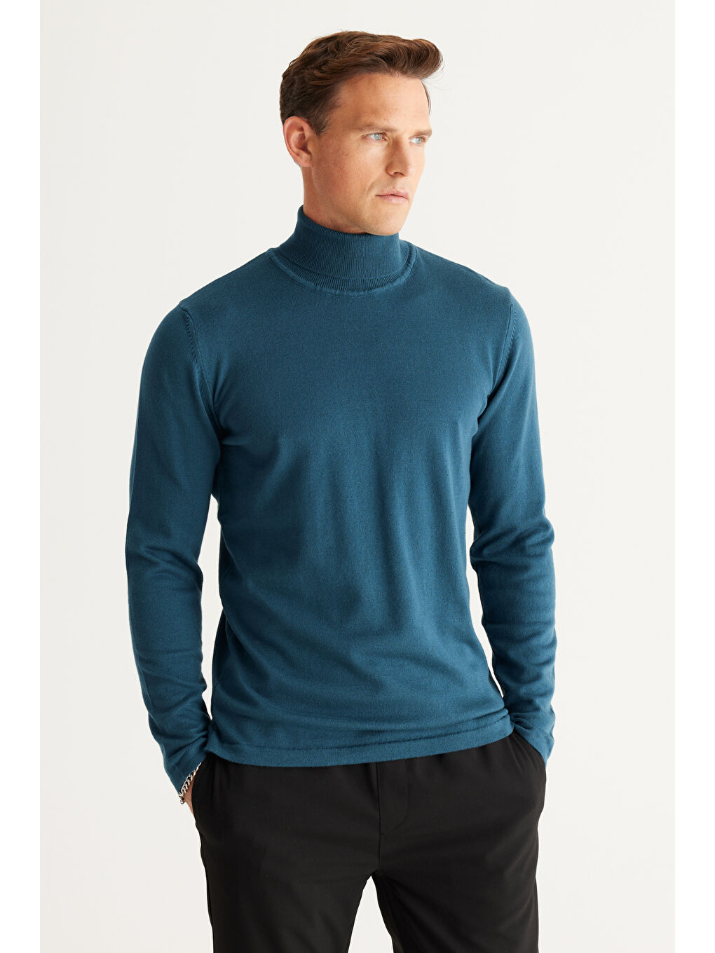 Erkek Petrol Standart Fit Normal Kesim Tam Balıkçı Yaka Triko Kazak-2