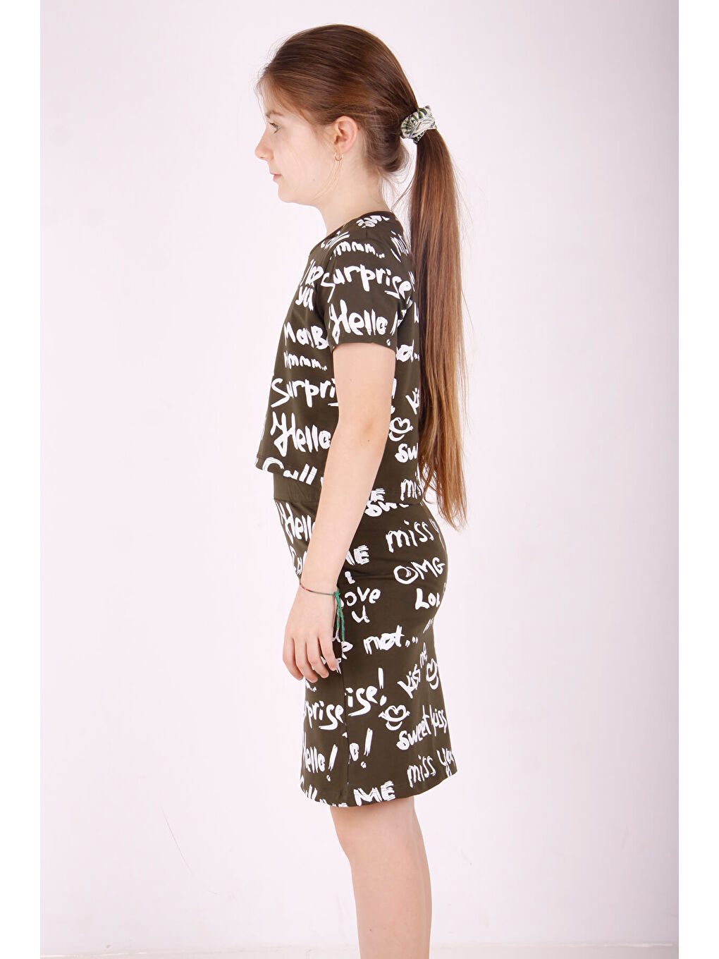 Haki Kız Çocuk Komple Yazı Baskılı Etekli Takım-1