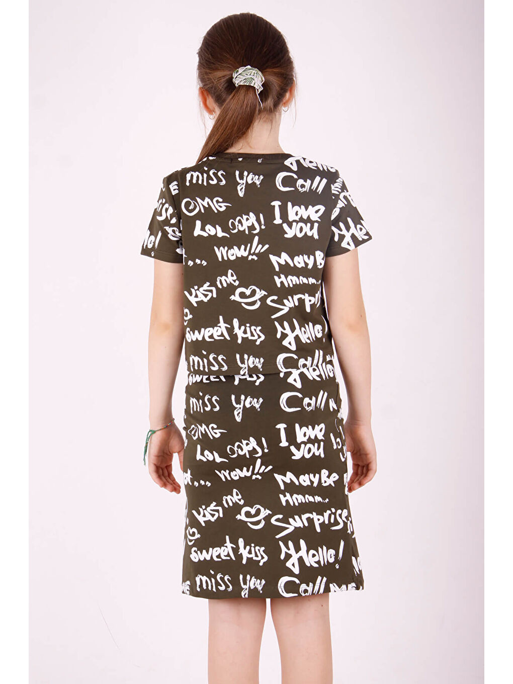 Haki Kız Çocuk Komple Yazı Baskılı Etekli Takım-2