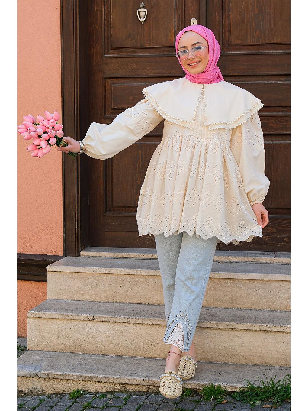 Ekru Bebe Yaka Dantel Detay Gömlek Krem-4