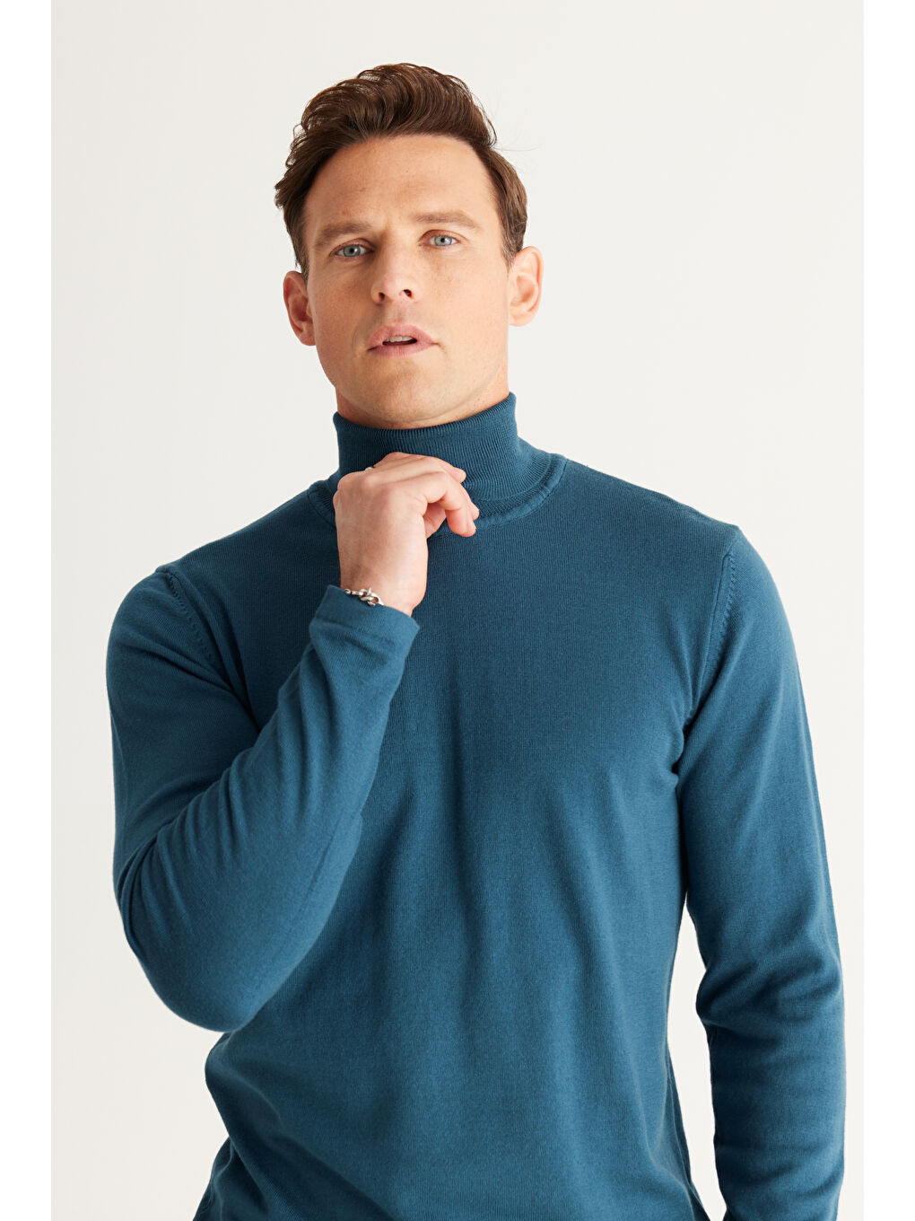 Erkek Petrol Standart Fit Normal Kesim Tam Balıkçı Yaka Triko Kazak-3