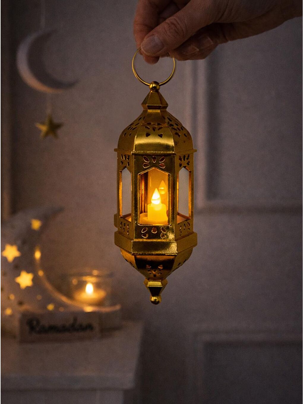 Sarı Asılabilir Ramazan Temalı Led Işıklı Pilli Dekoratif Fener – Altın 20 cm-1