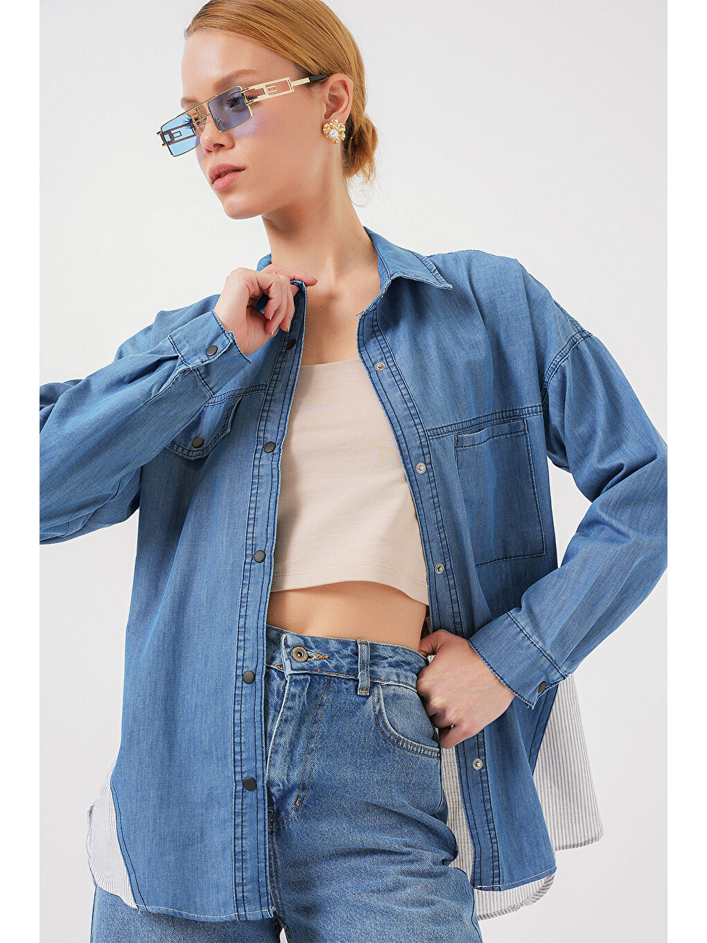 Kadın Sırt Detaylı Jean Gömlek 20305   Mavi-2