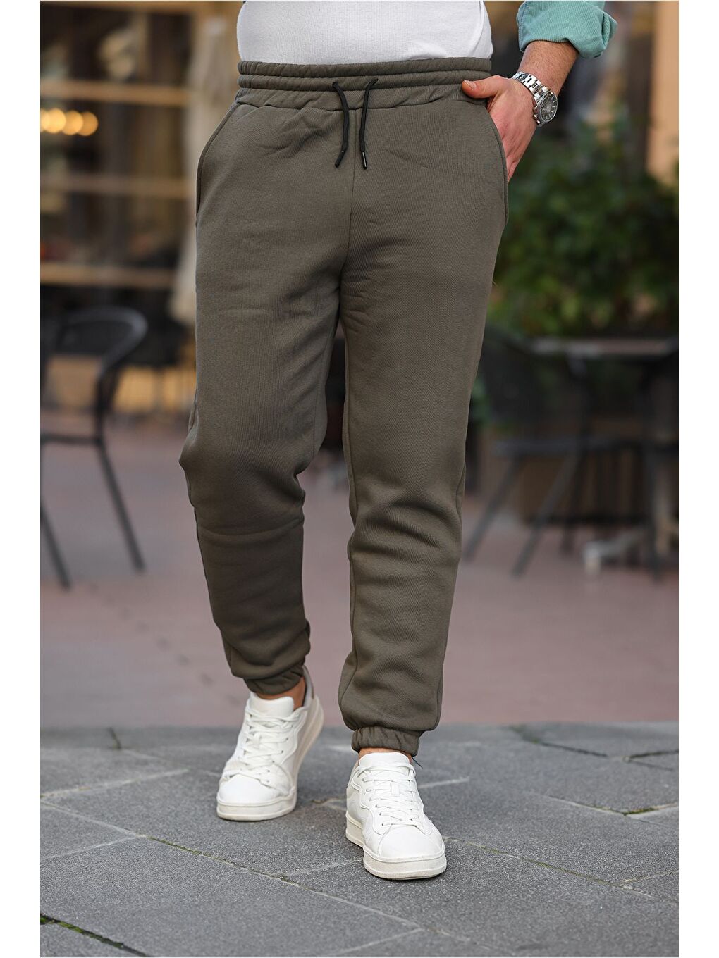 Erkek Beli Lastikli Şardonlu Jogger Haki Eşofman Altı