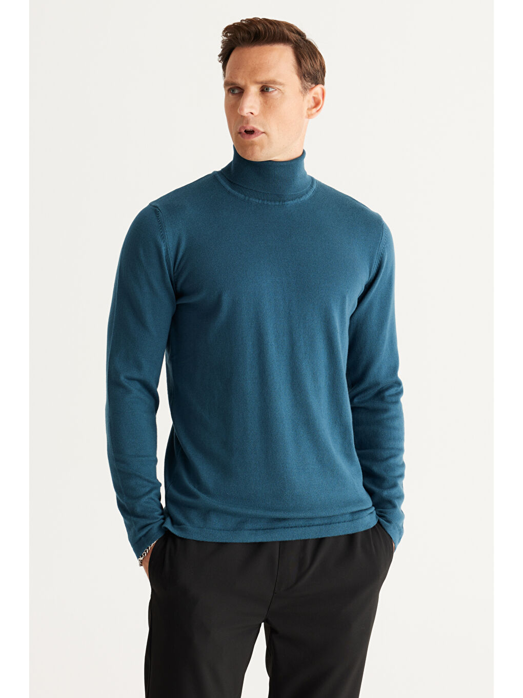 Erkek Petrol Standart Fit Normal Kesim Tam Balıkçı Yaka Triko Kazak-5