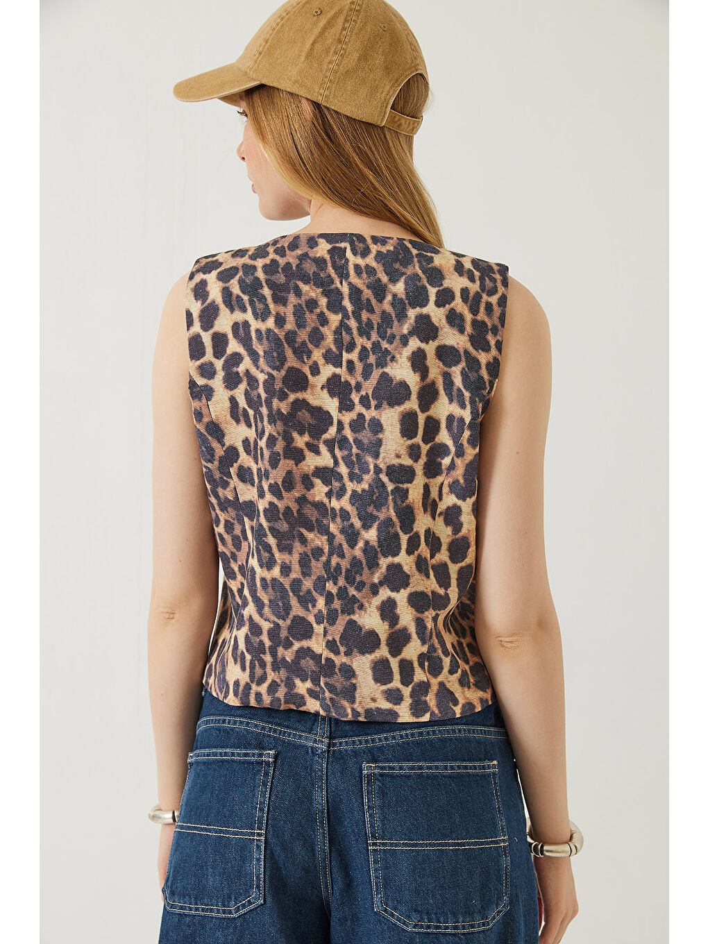 Siyah Kadın Leopar Desenli V Yaka Dokuma Yelek-6