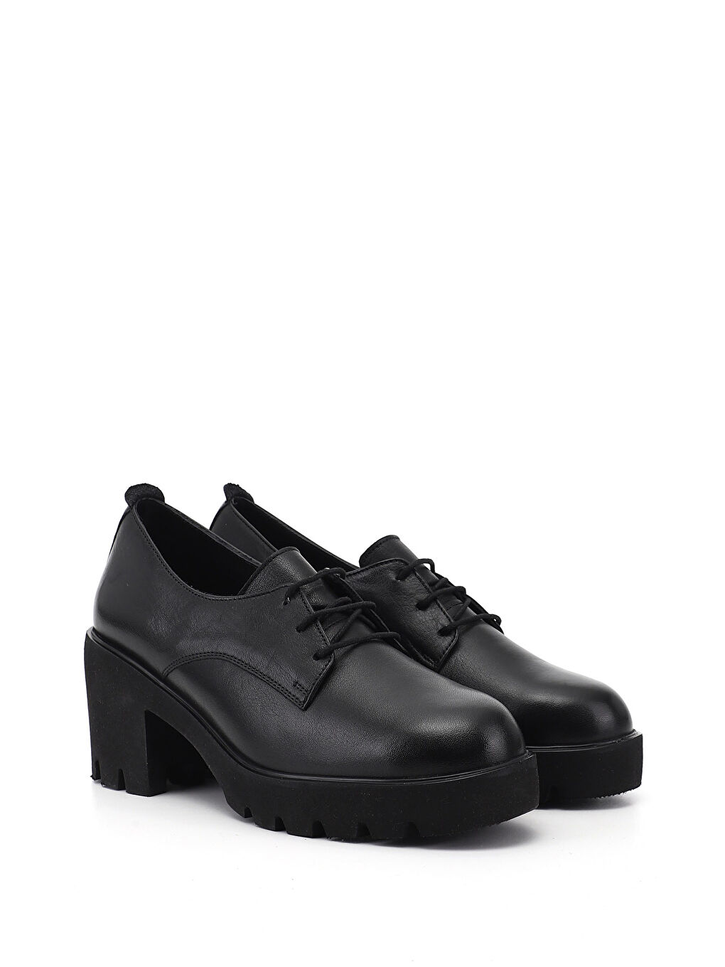 Siyah Kadın SİYAH Bağcıklı Kalın Topuklu Hakiki Deri Ayakkabı-1