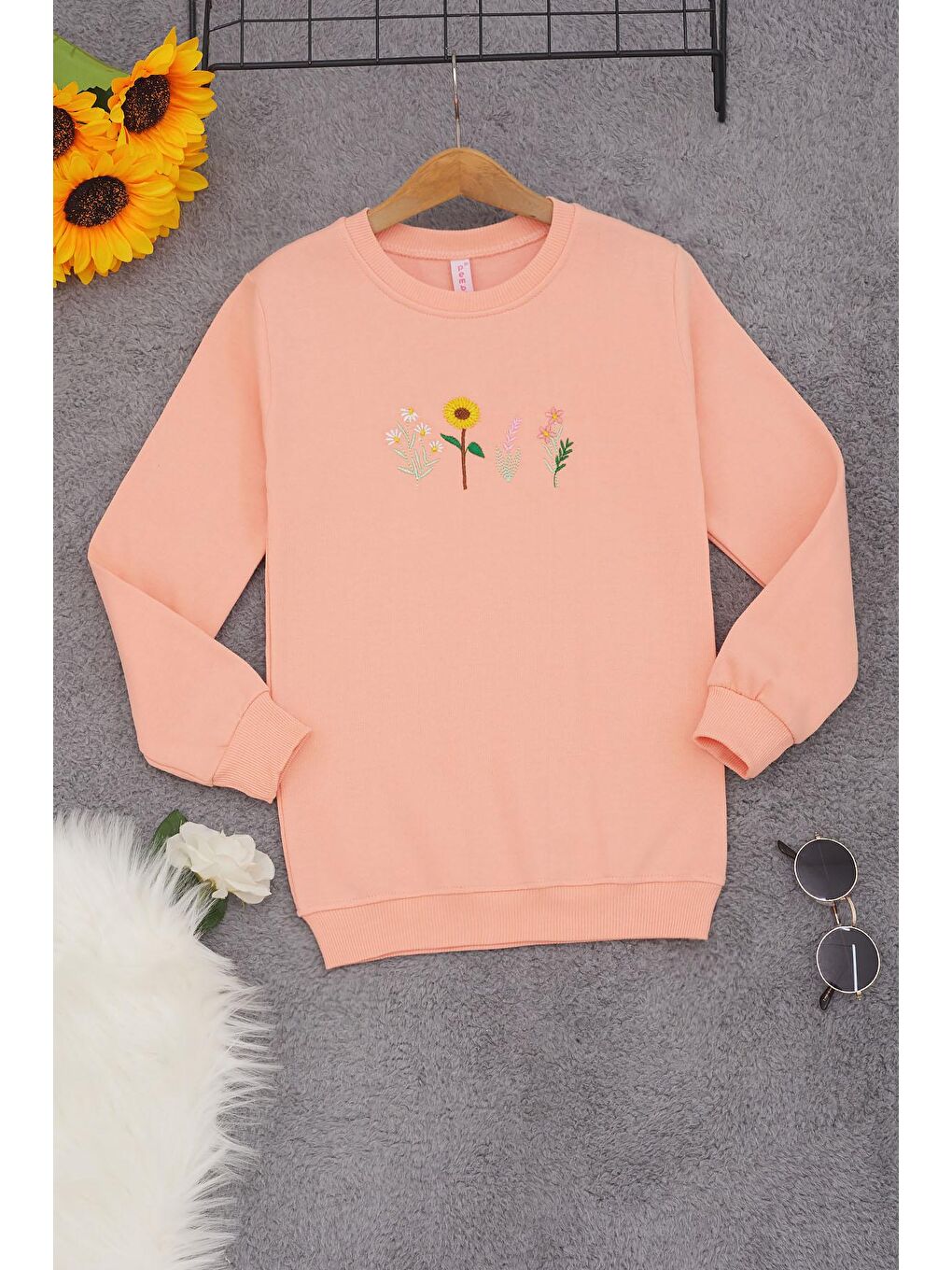 Pembe Somon Papatya Nakışlı Kız Çocuk Kız Çocuk Sweatshirt 17202-1