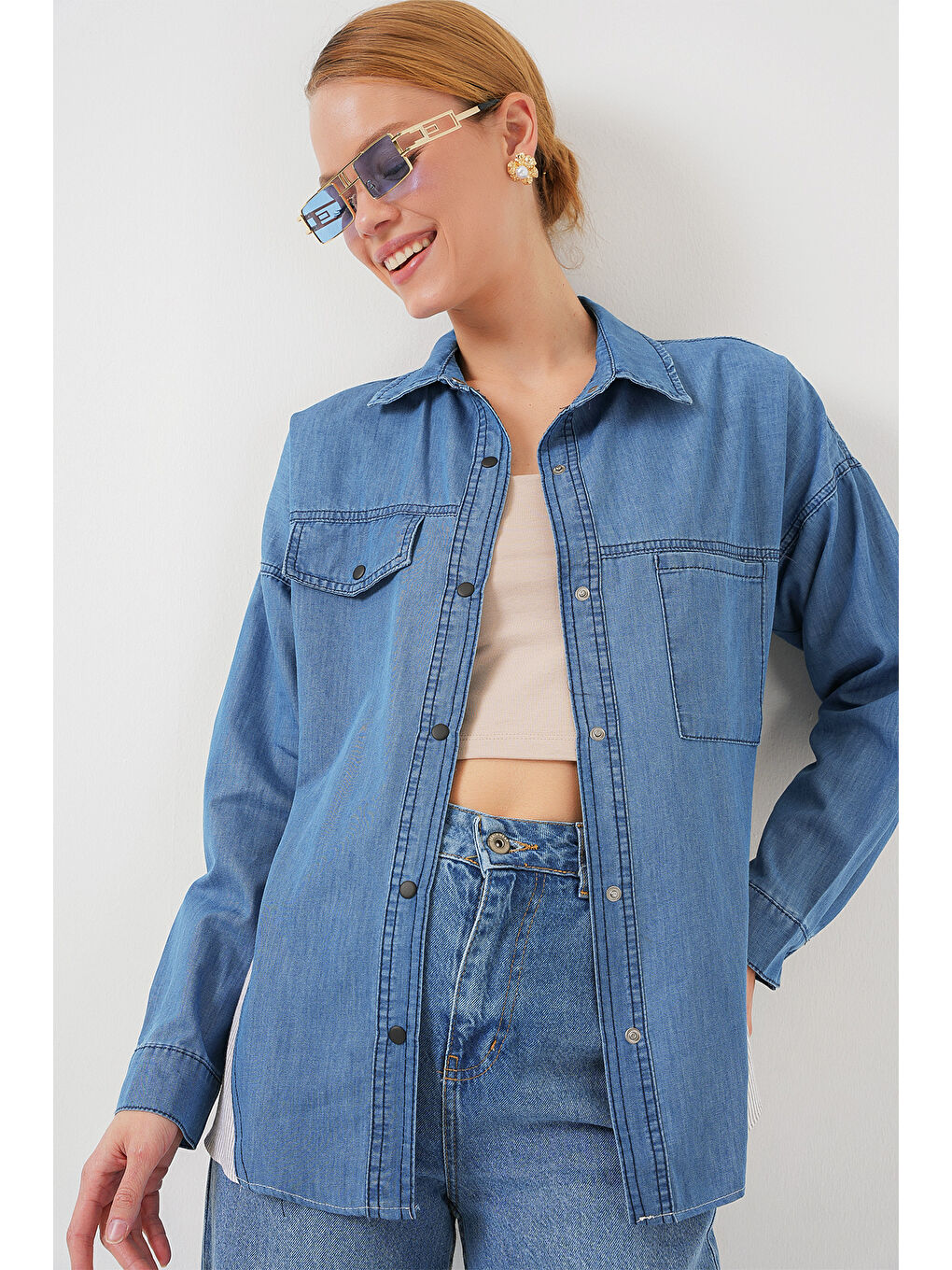 Kadın Sırt Detaylı Jean Gömlek 20305   Mavi-4