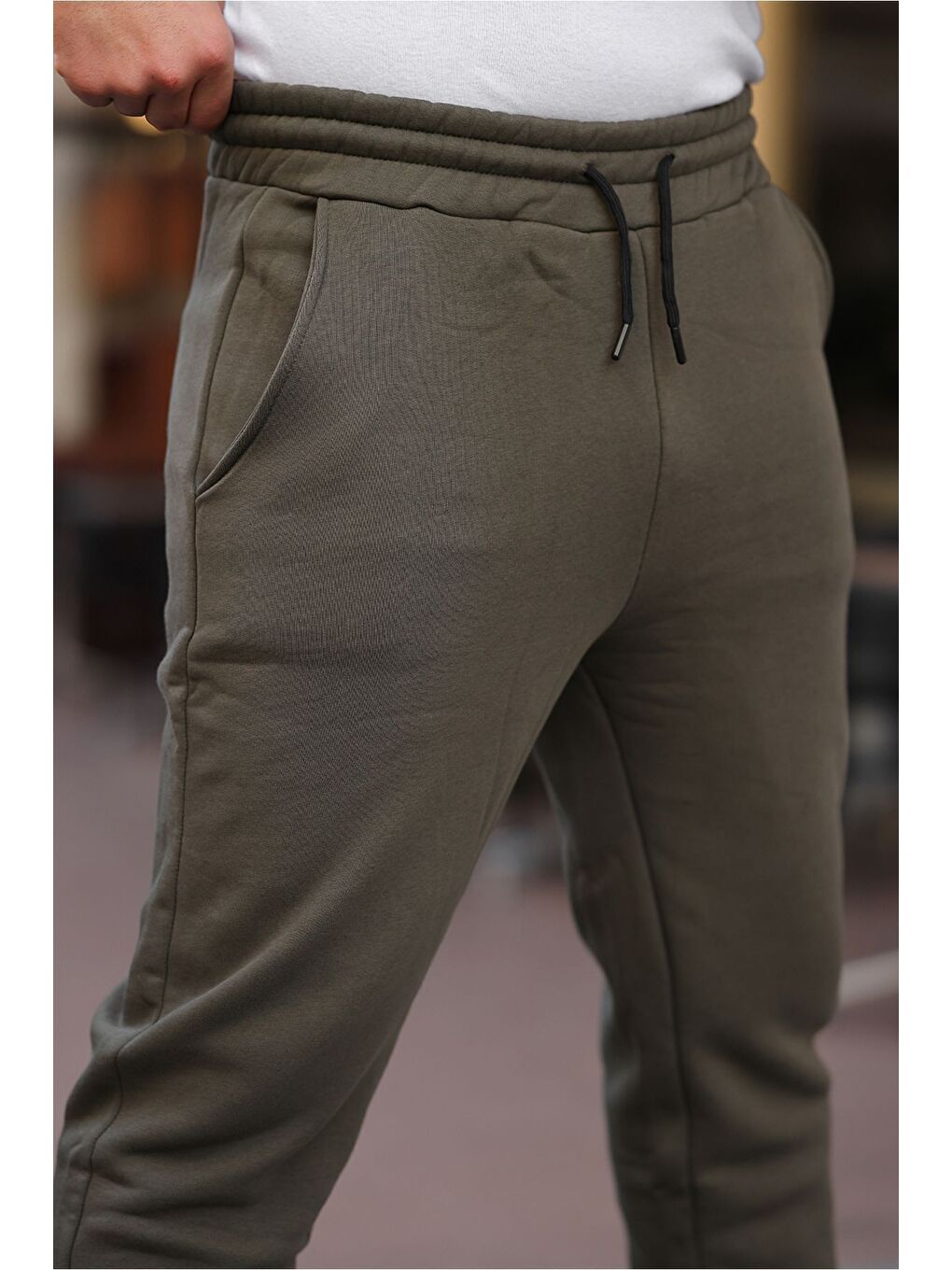 Erkek Beli Lastikli Şardonlu Jogger Haki Eşofman Altı-1