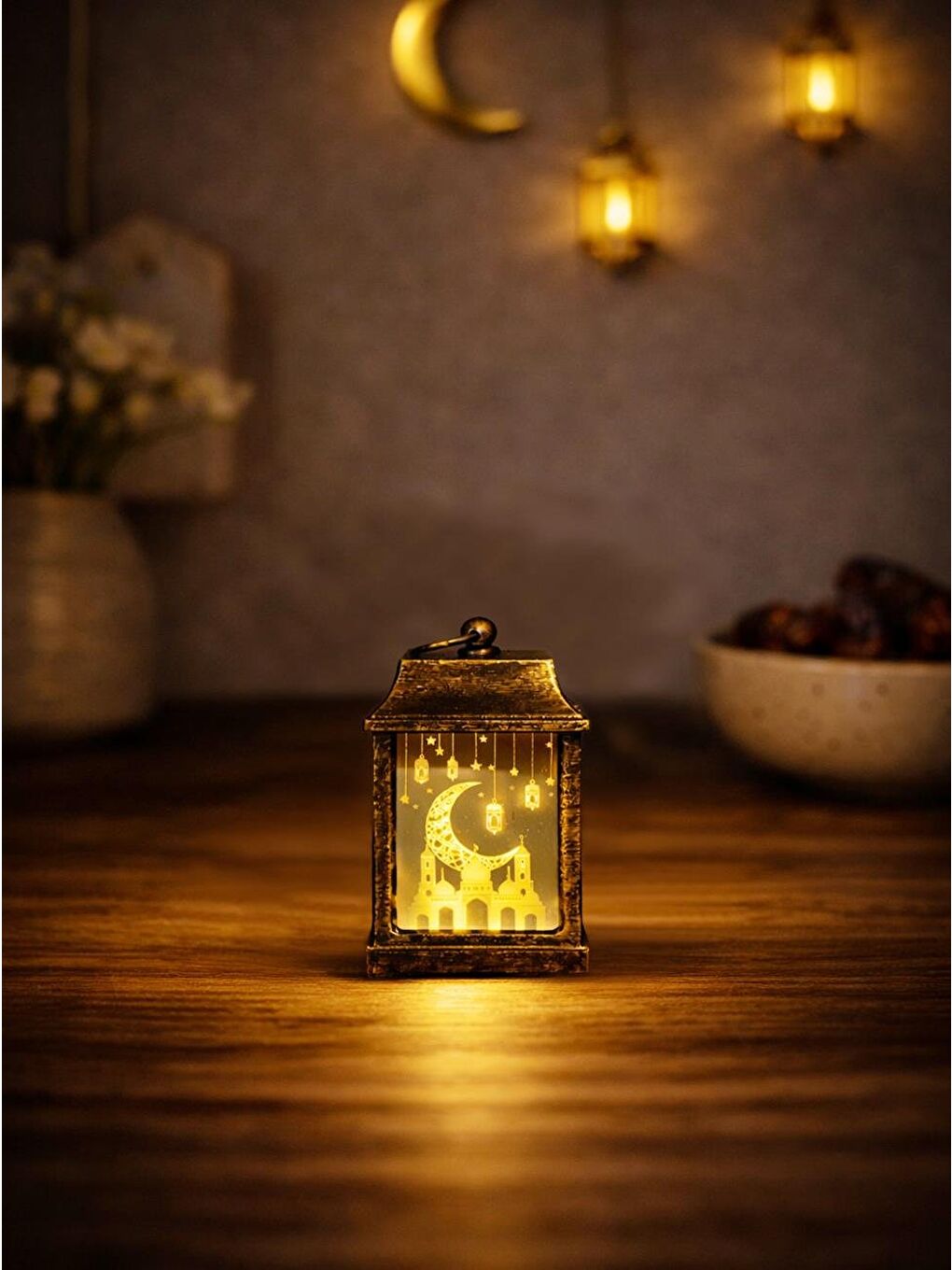 Sarı Mini Ramazan Feneri – Led Işıklı Pilli Eskitme Detaylı Altın 10 cm-1