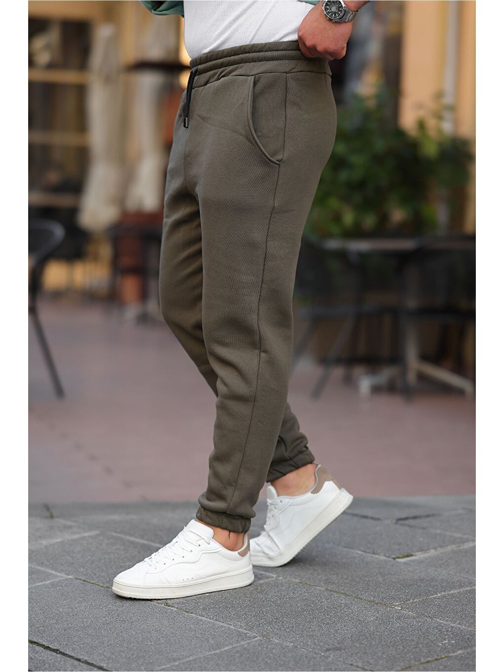 Erkek Beli Lastikli Şardonlu Jogger Haki Eşofman Altı-2