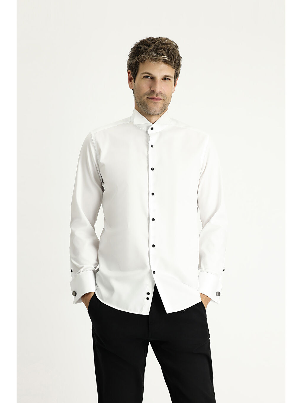 Beyaz Ata Yaka Slim Fit Dar Kesim Pamuklu Kolay Ütülenebilir Gömlek-2