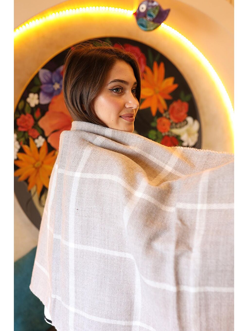 Bej Kare Desenli Atkı Omuz Şalı 70X180 cm 1210 Vizon-2