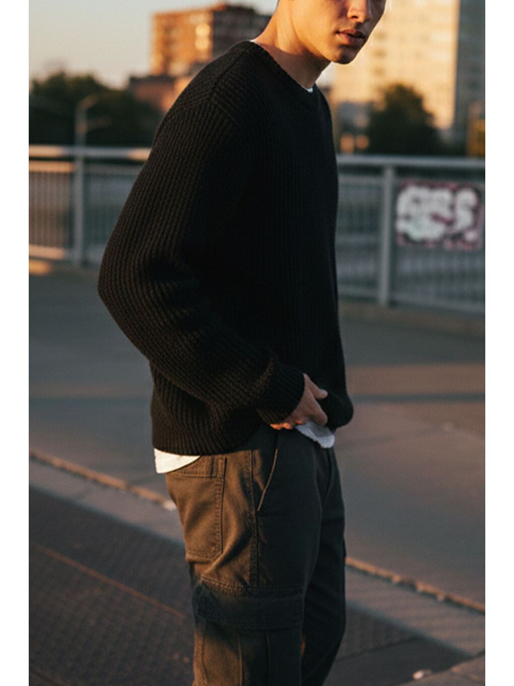 Siyah Erkek Bisiklet Yaka Örme Triko Kazak-1