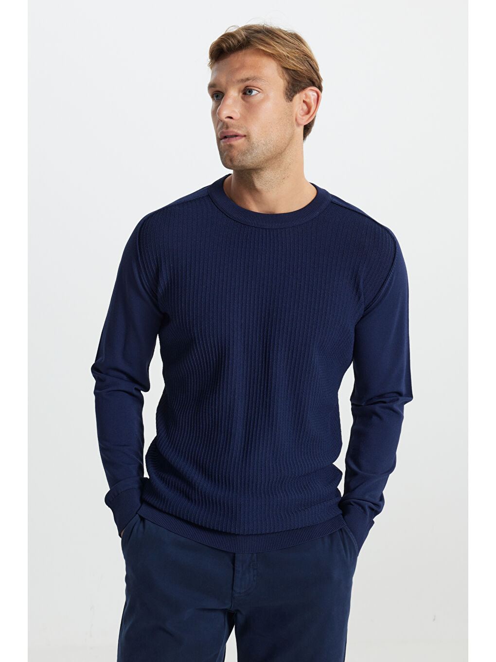 Erkek Lacivert Standart Fit Normal Kesim Bisiklet Yaka Jakarlı Triko Kazak-2