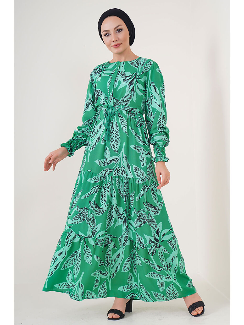 2145 Desenli Tesettür Elbise - Yeşil