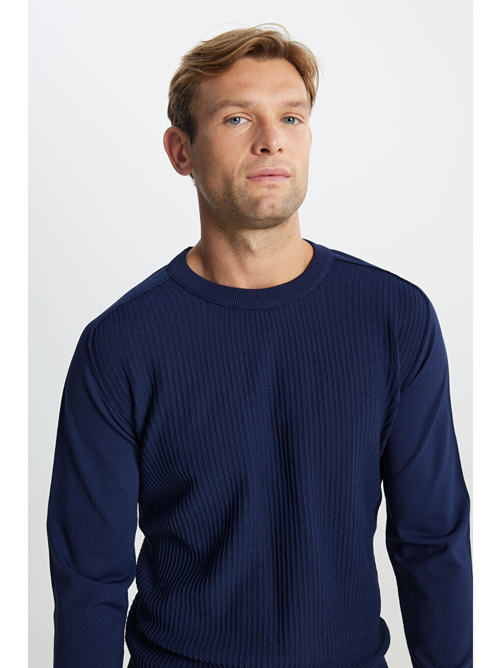 Erkek Lacivert Standart Fit Normal Kesim Bisiklet Yaka Jakarlı Triko Kazak-3