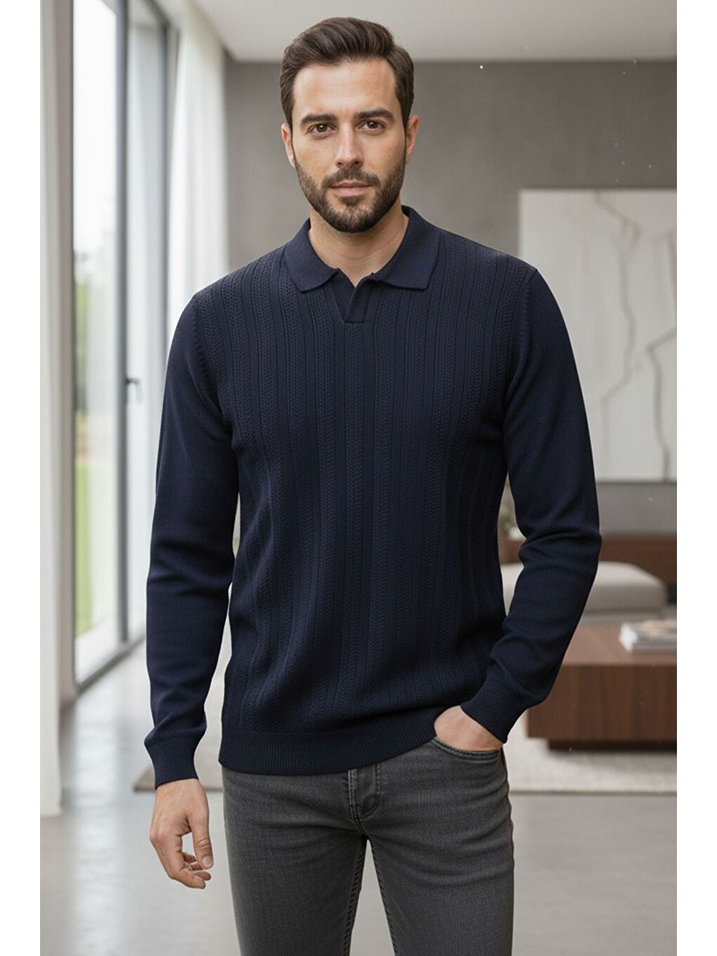 Lacivert Erkek Kendinden Desenli Polo Yaka Triko Kazak