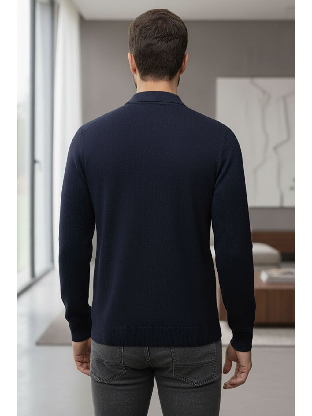 Lacivert Erkek Kendinden Desenli Polo Yaka Triko Kazak-1