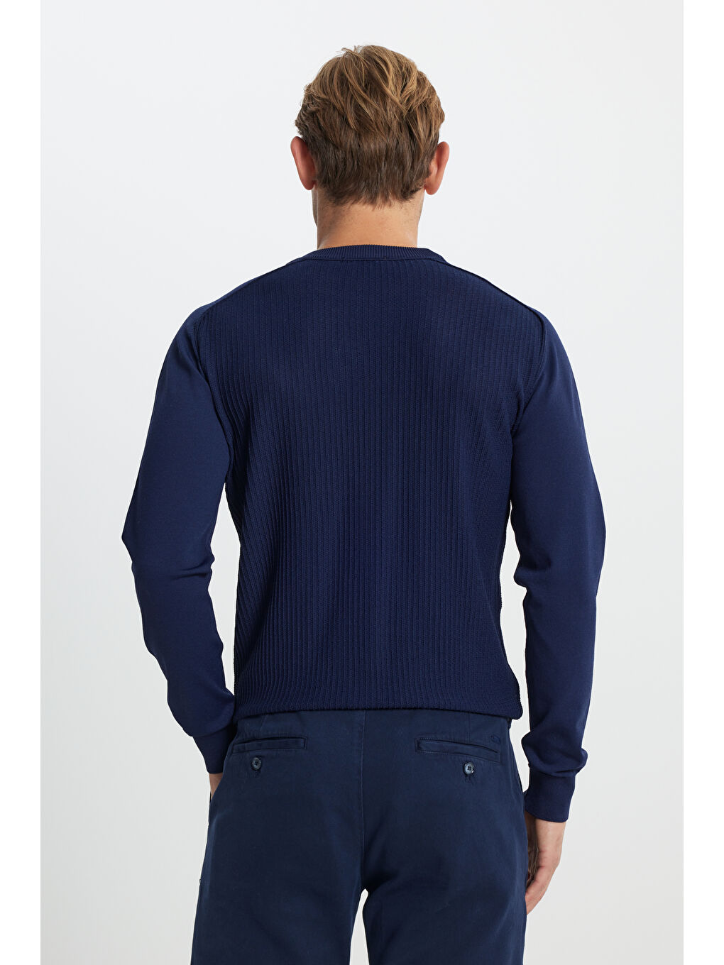 Erkek Lacivert Standart Fit Normal Kesim Bisiklet Yaka Jakarlı Triko Kazak-4