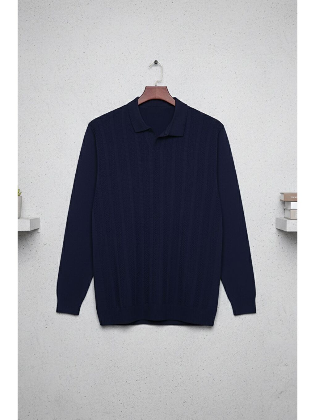 Lacivert Erkek Kendinden Desenli Polo Yaka Triko Kazak-2