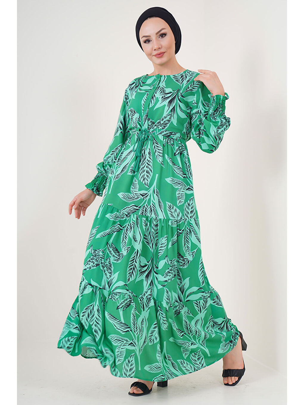 2145 Desenli Tesettür Elbise - Yeşil-1
