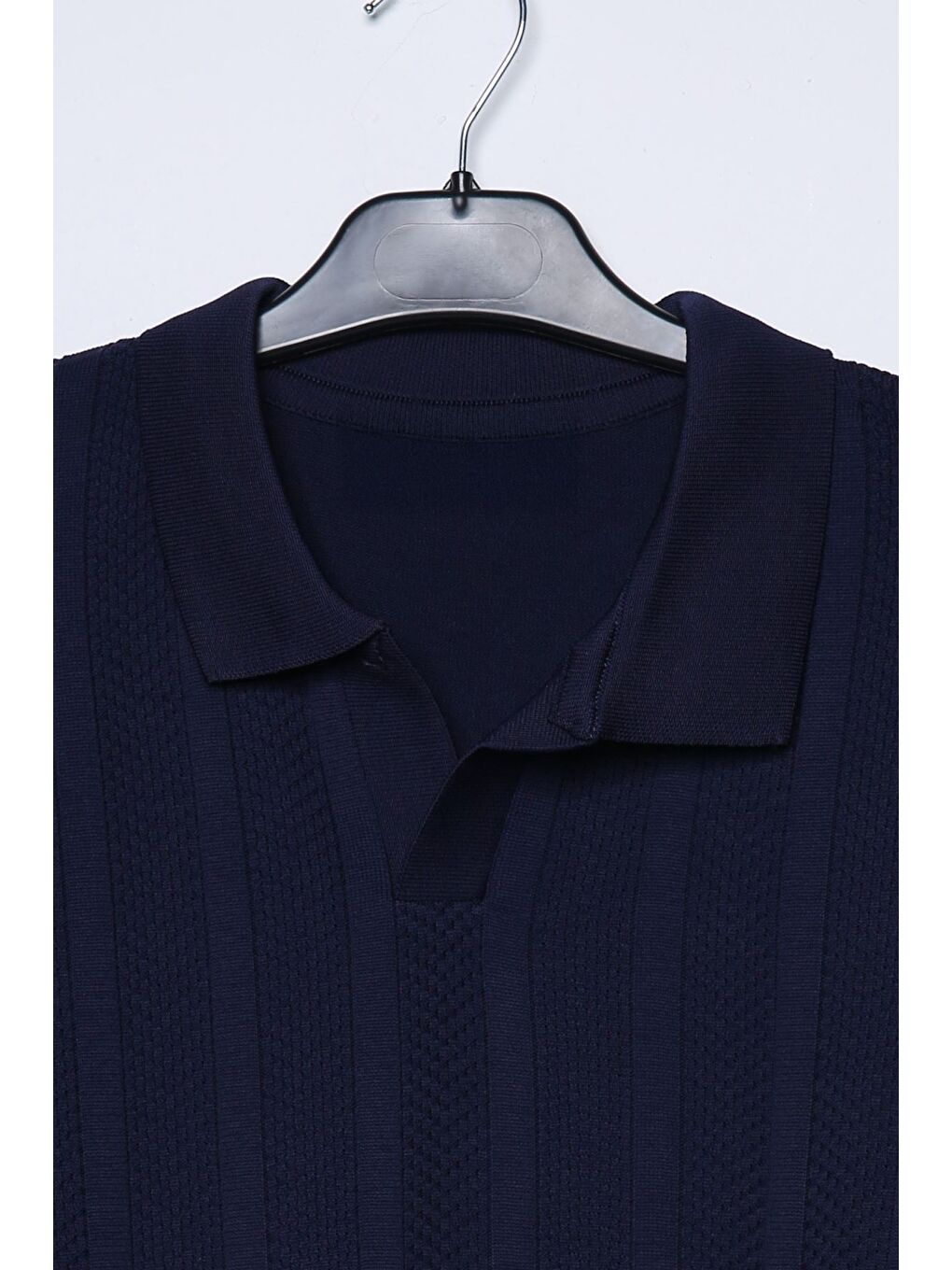 Lacivert Erkek Kendinden Desenli Polo Yaka Triko Kazak-3