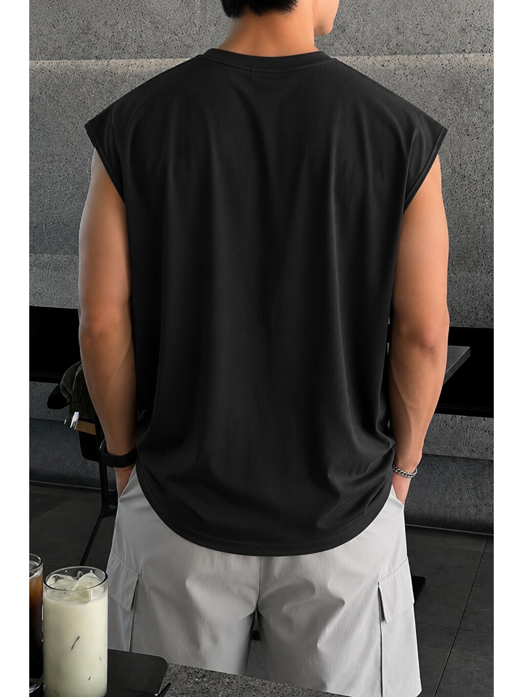 Siyah Erkek Oversize Kolsuz Tişört %100 Pamuk Süprem Basic Bisiklet Yaka-2