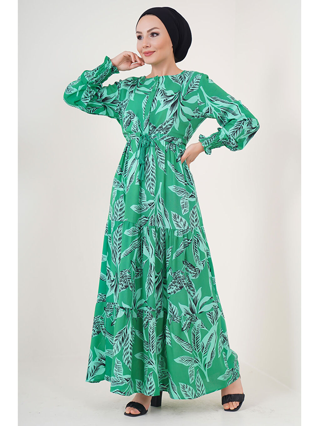 2145 Desenli Tesettür Elbise - Yeşil-2