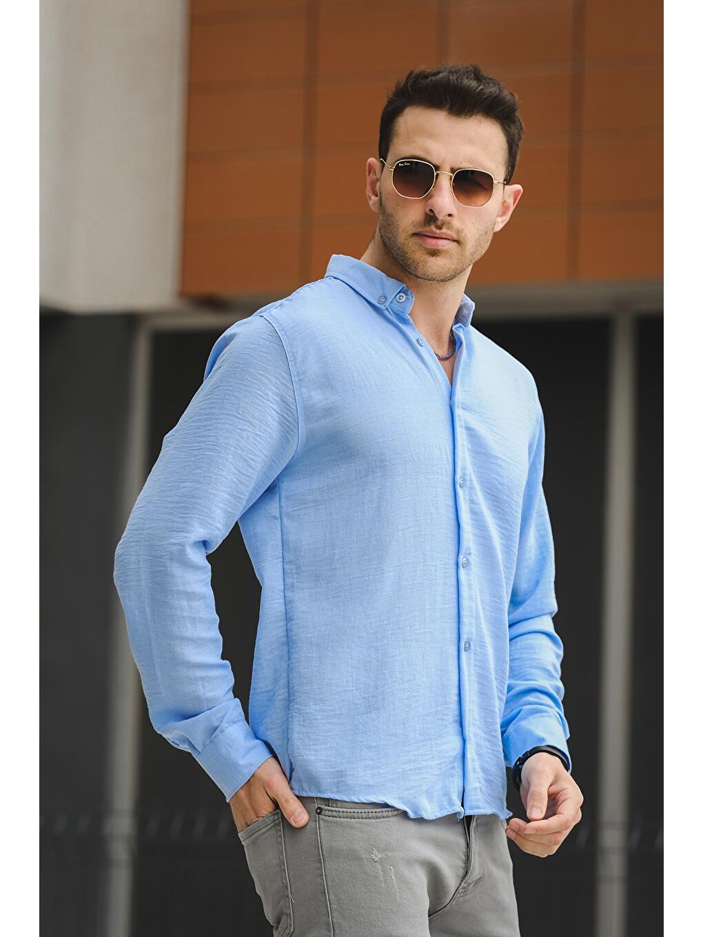 Mavi Piatris Kırınkıl Desen Düğmeli Yaka Erkek Gömlek-1