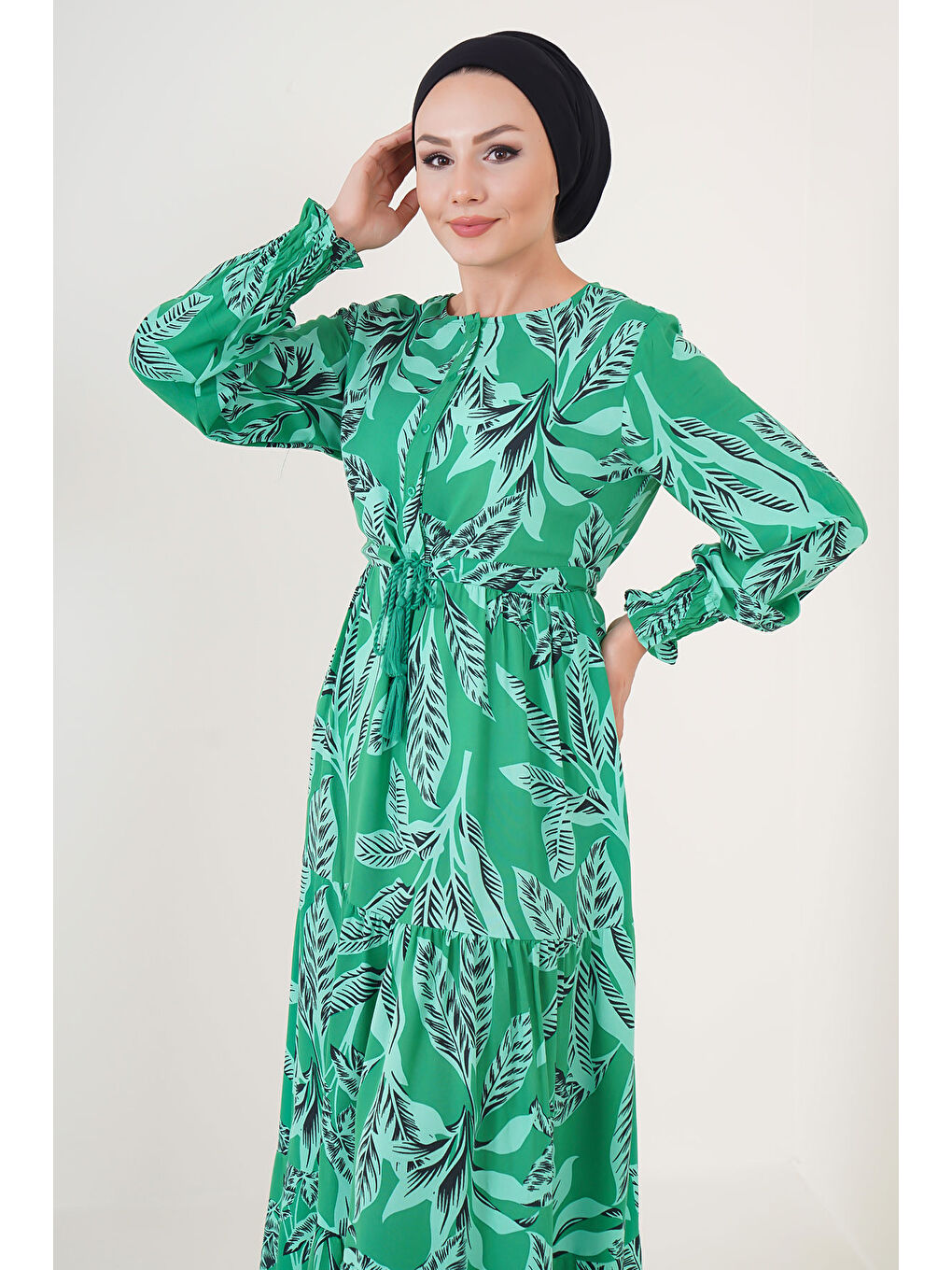 2145 Desenli Tesettür Elbise - Yeşil-3