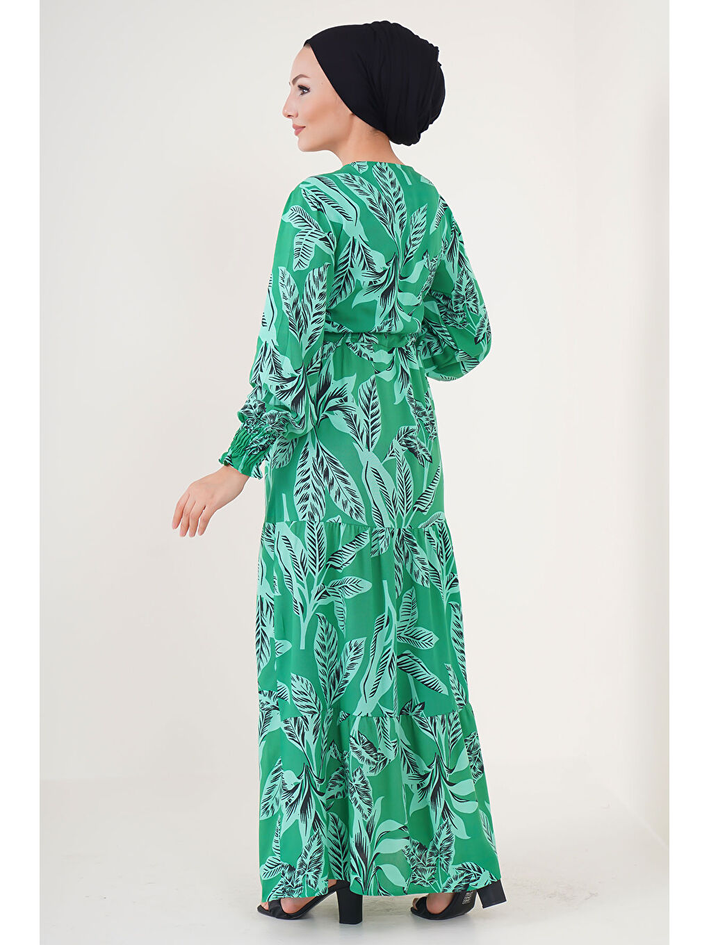 2145 Desenli Tesettür Elbise - Yeşil-5