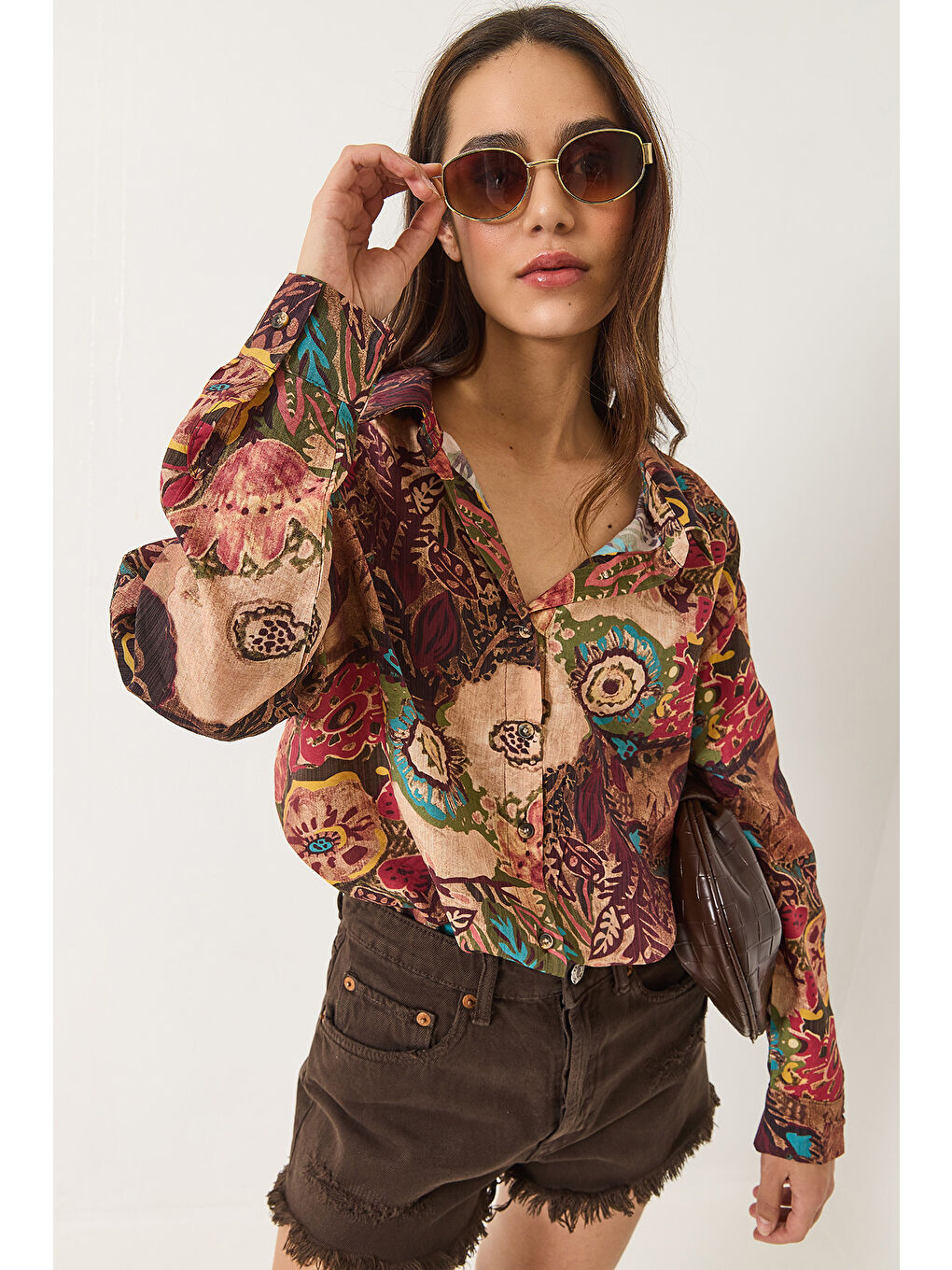 Karışık Kadın Desenli Oversize Vintage Gömlek