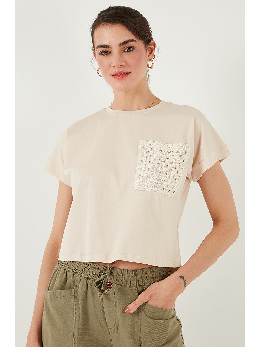 Gri Pamuklu Tek Cepli Regular Fit Bisiklet Yaka T Shirt 5865818-4