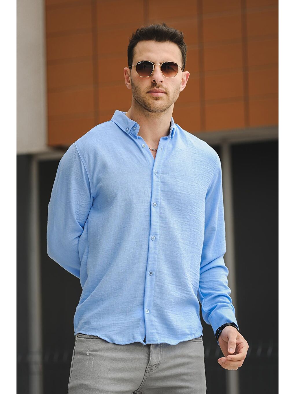 Mavi Piatris Kırınkıl Desen Düğmeli Yaka Erkek Gömlek-2