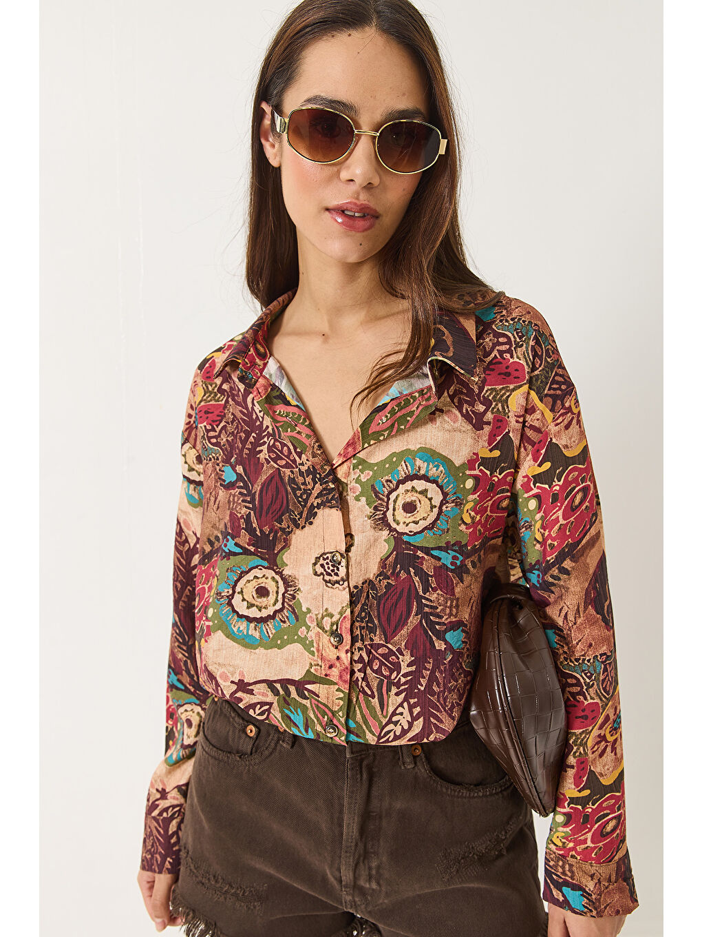 Karışık Kadın Desenli Oversize Vintage Gömlek-1