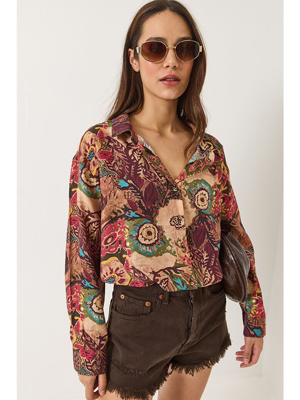 Karışık Kadın Desenli Oversize Vintage Gömlek-2