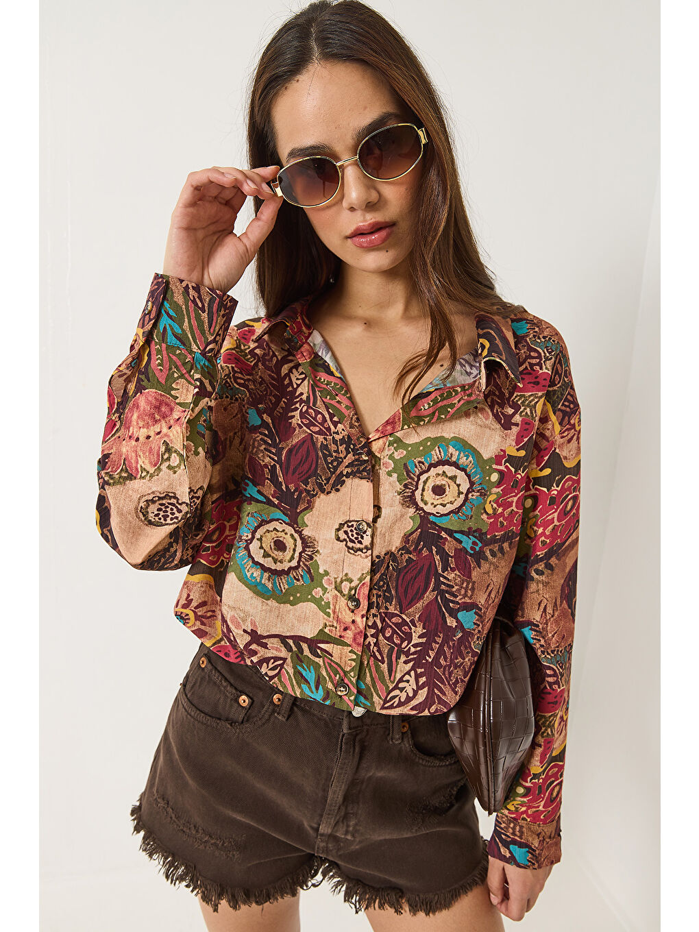 Karışık Kadın Desenli Oversize Vintage Gömlek-3