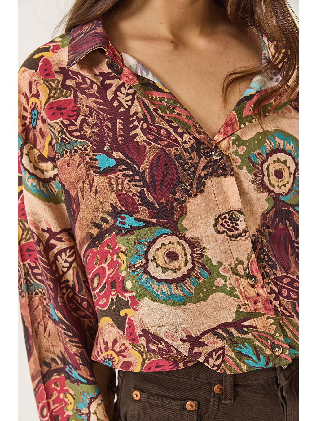 Karışık Kadın Desenli Oversize Vintage Gömlek-4