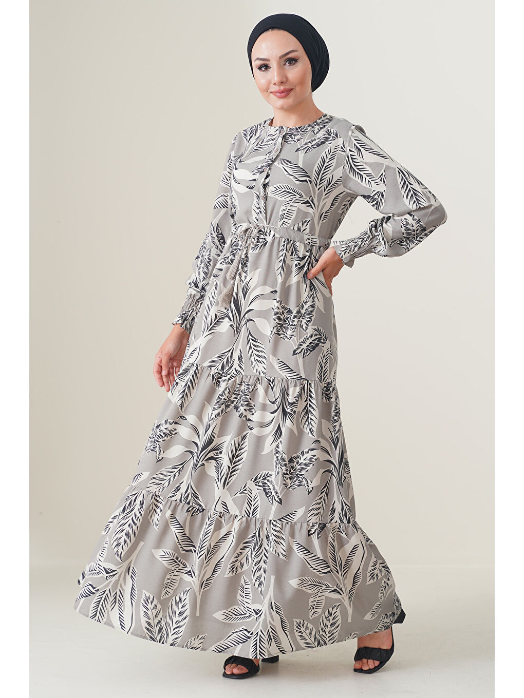 Bej 2145 Desenli Tesettür Elbise - Taş