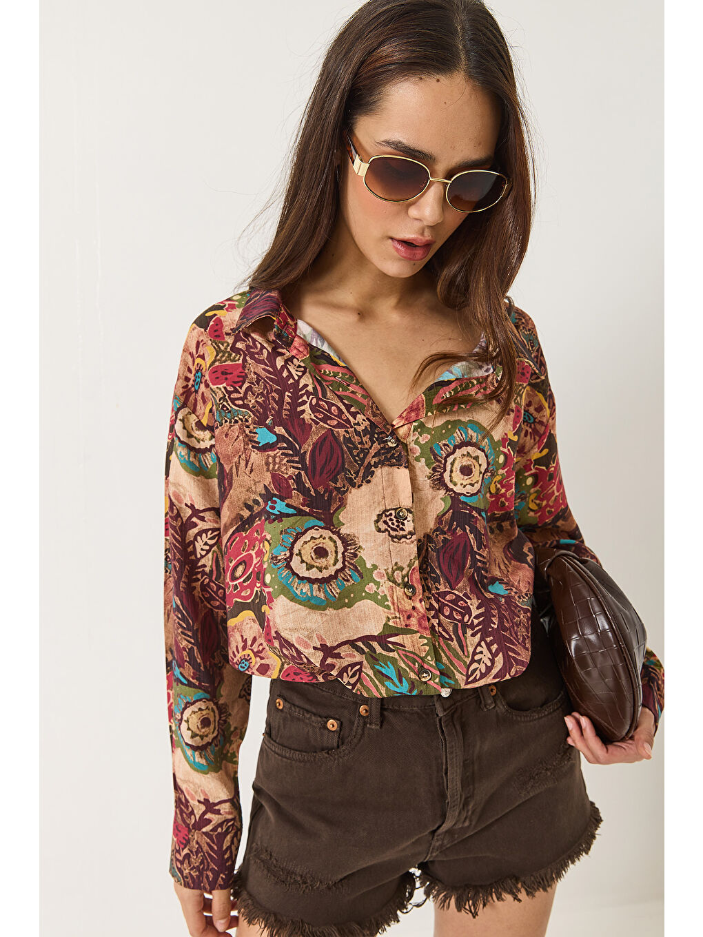 Karışık Kadın Desenli Oversize Vintage Gömlek-5