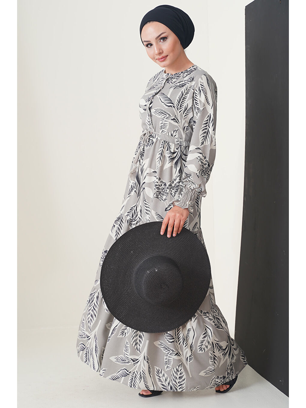 Bej 2145 Desenli Tesettür Elbise - Taş-1