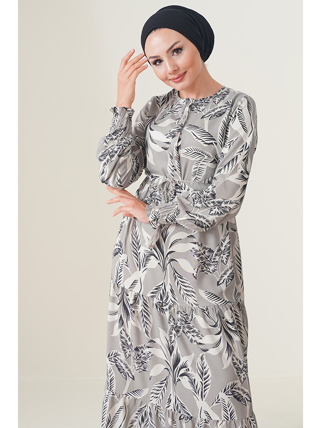 Bej 2145 Desenli Tesettür Elbise - Taş-2