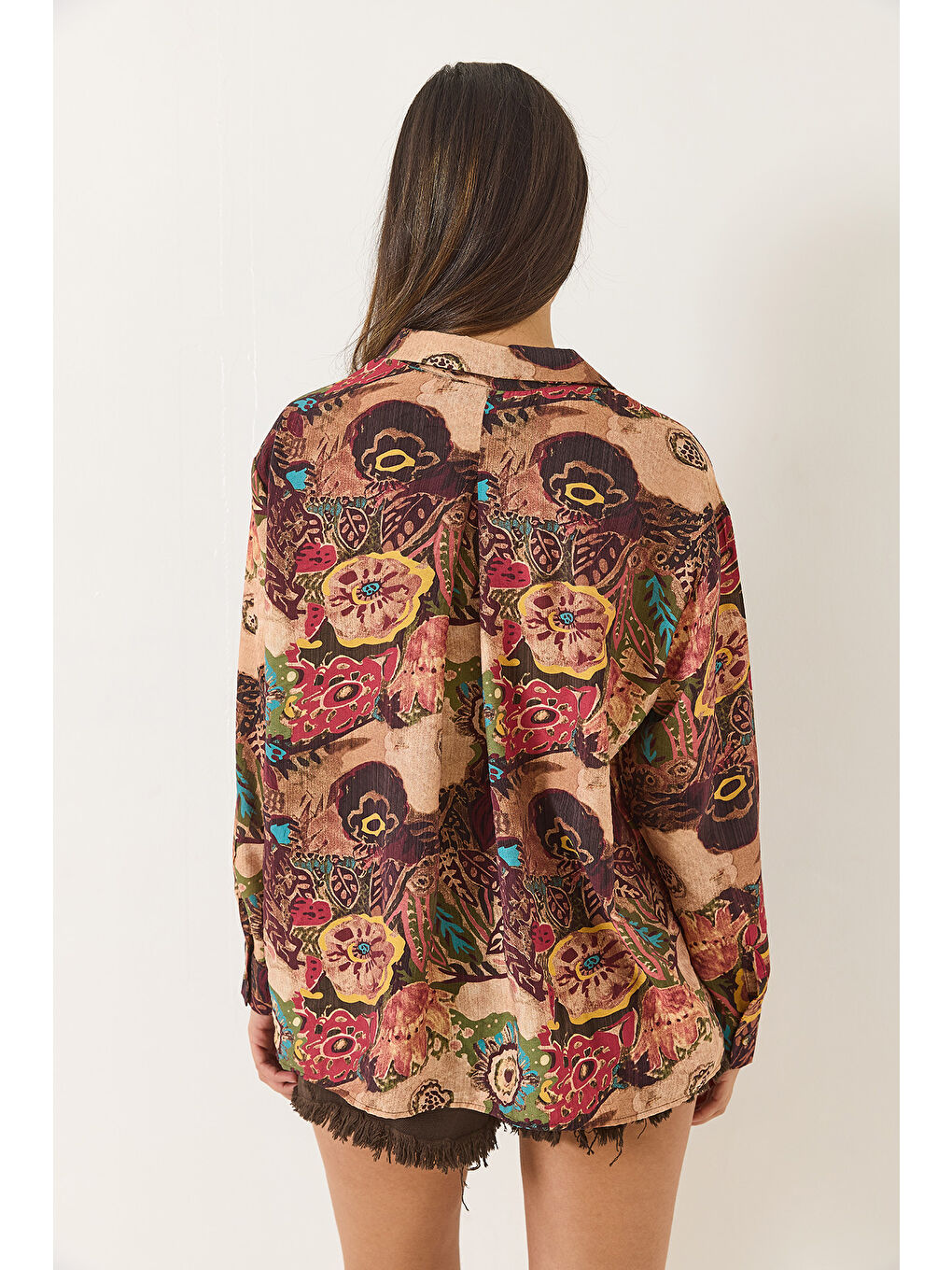 Karışık Kadın Desenli Oversize Vintage Gömlek-6