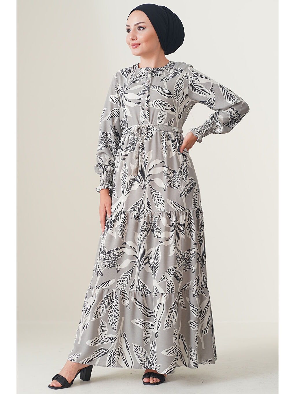 Bej 2145 Desenli Tesettür Elbise - Taş-3