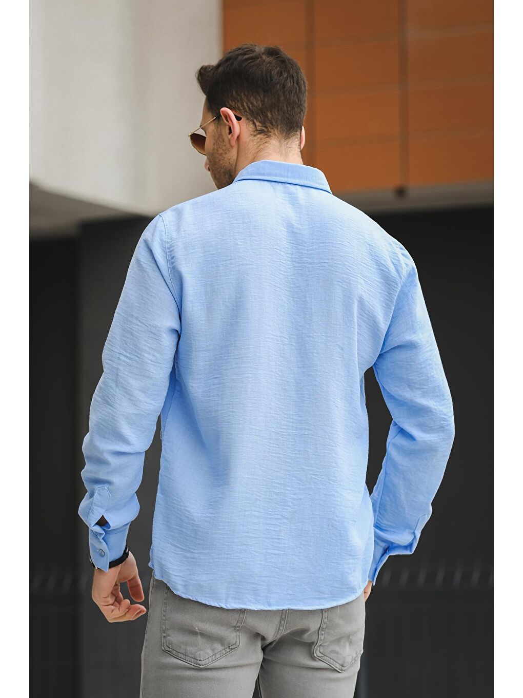 Mavi Piatris Kırınkıl Desen Düğmeli Yaka Erkek Gömlek-3