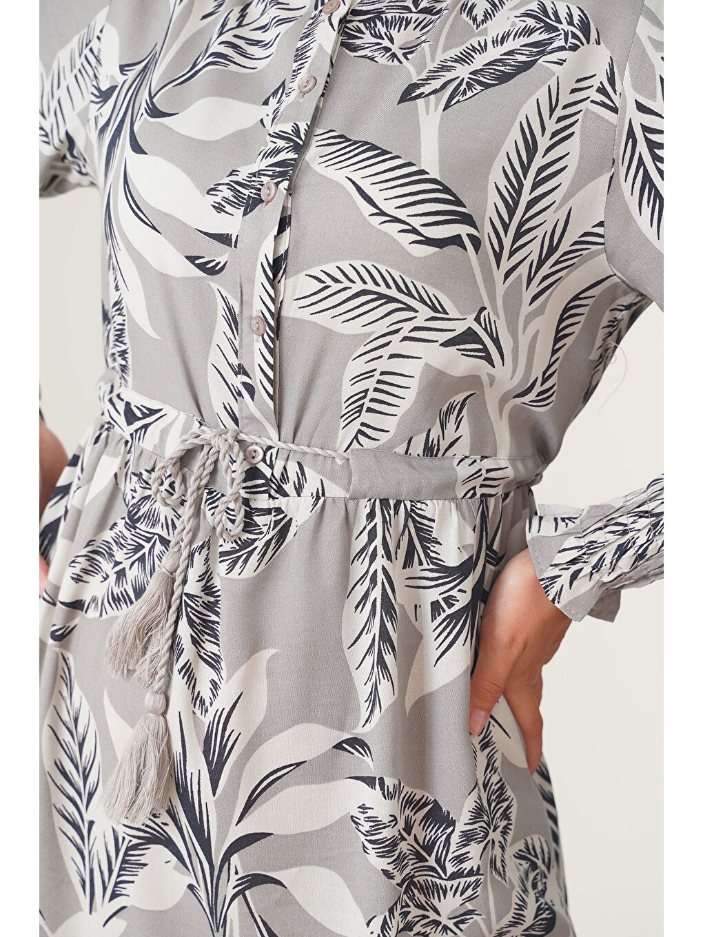 Bej 2145 Desenli Tesettür Elbise - Taş-4