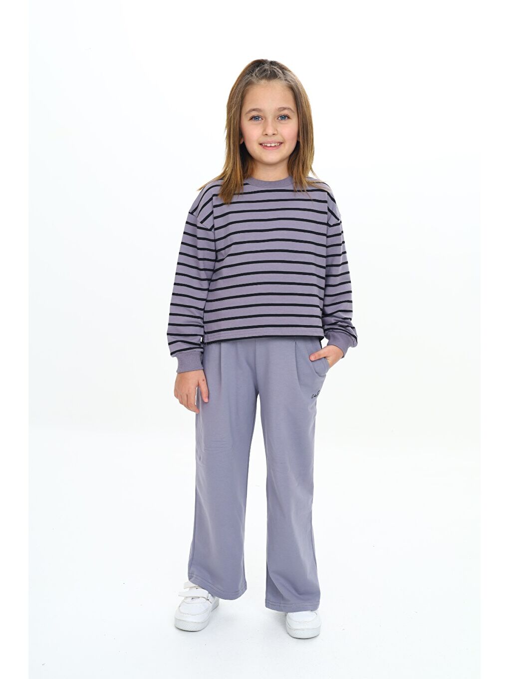 Gri Kız Çocuk Çizgili Eşofman Takım